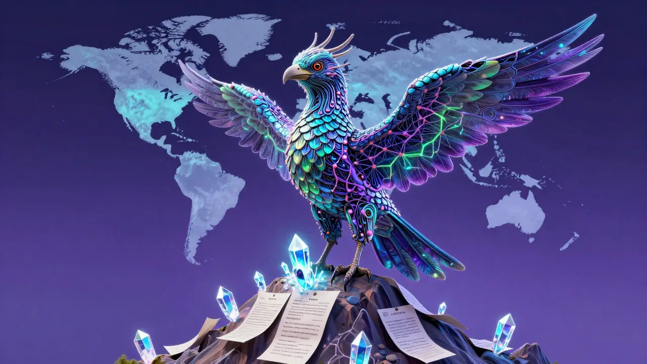 Magical AI bird creature transforming medical notes into glowing crystals in Alebrije style