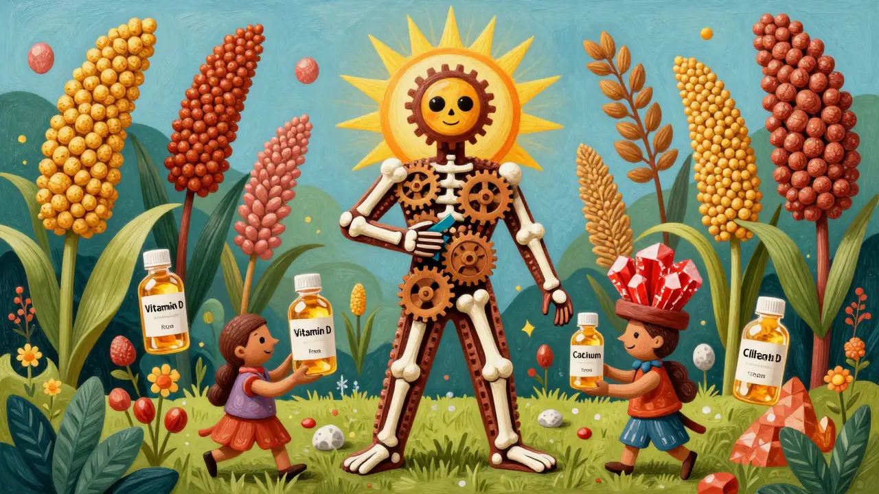 Magical alebrije figures repairing a body structure with vitamins and minerals