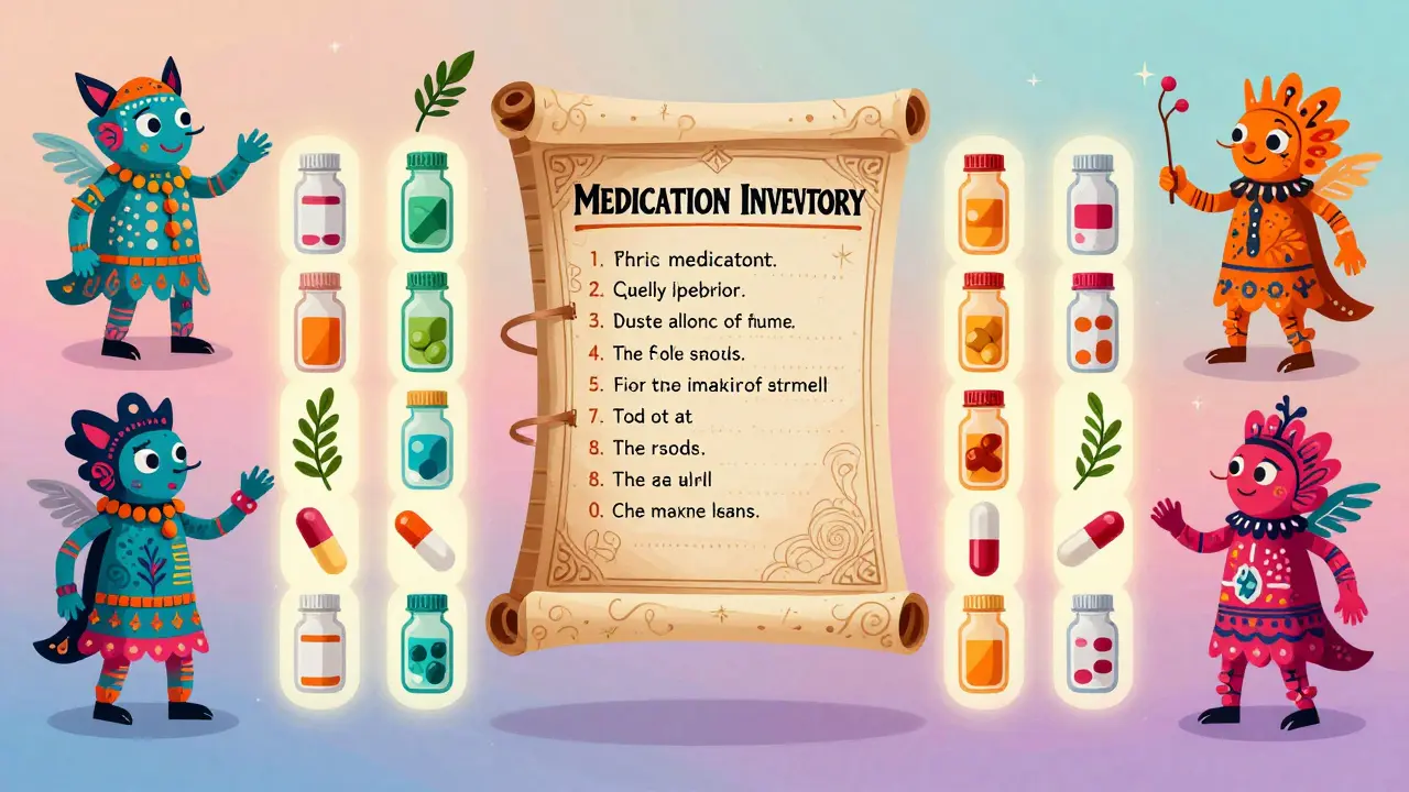 Magical scroll organizing floating pills and herbs in vibrant Alebrije style