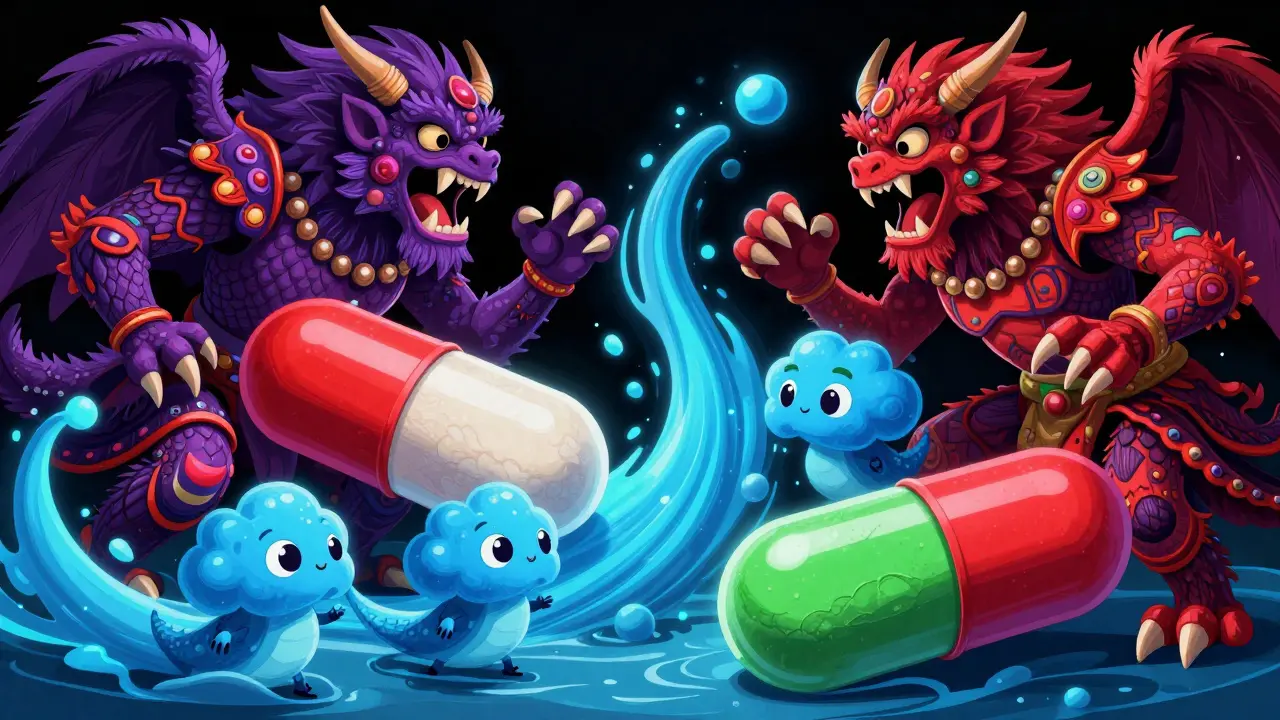 Mythical Alebrije pills attacking friendly water creatures in a vibrant, illustrative battle scene.