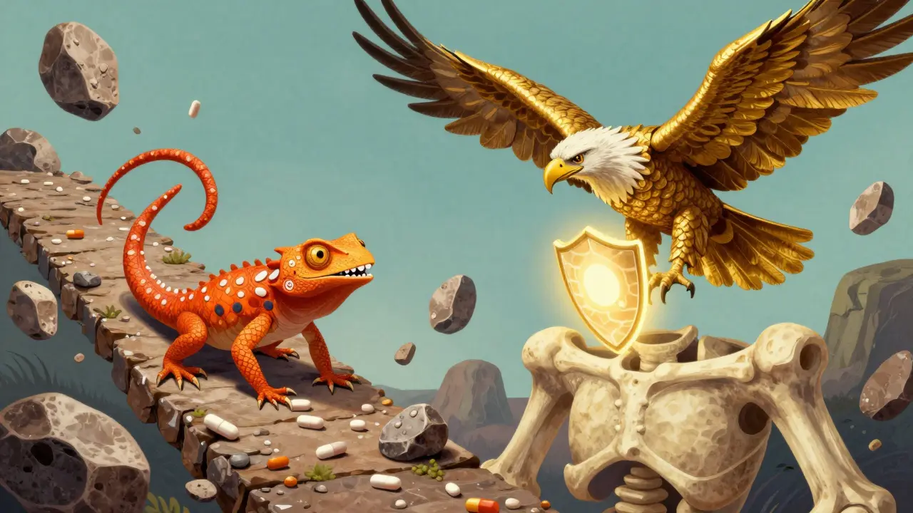 Mythical birds symbolizing oral vs IV bone treatment effectiveness