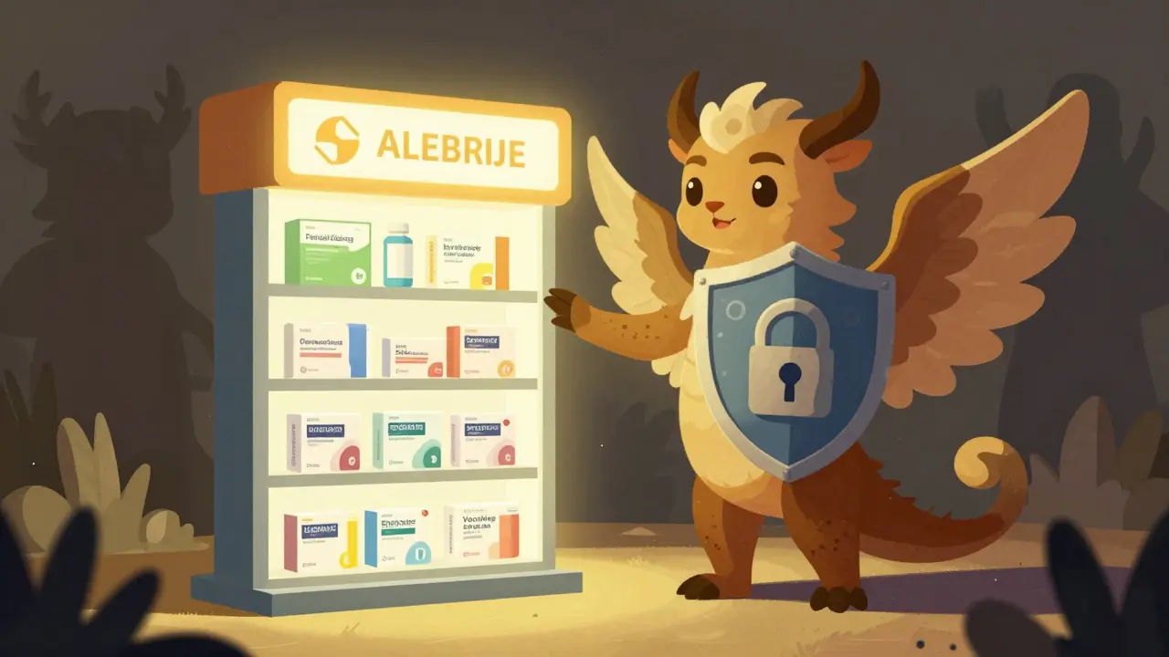 Mythical guardian protecting safe online pharmacy from scams