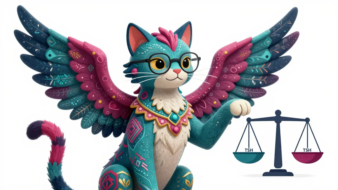 Serene Alebrije feline explaining thyroid health with stylized infographics