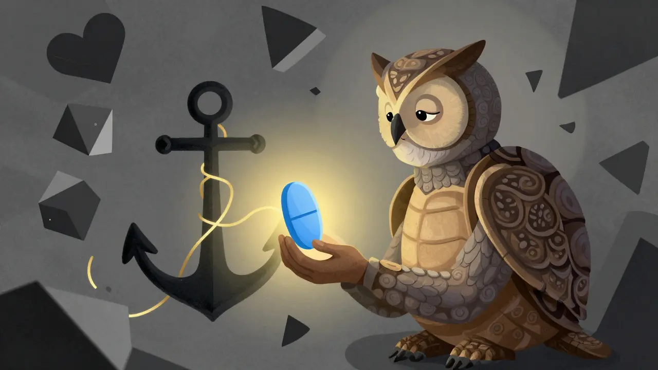 Serene Alebrije holding glowing pill, surrounded by chaotic abstract shapes