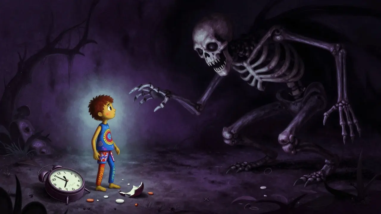 Shadowy hypoglycemia monster emerging near a fading human figure