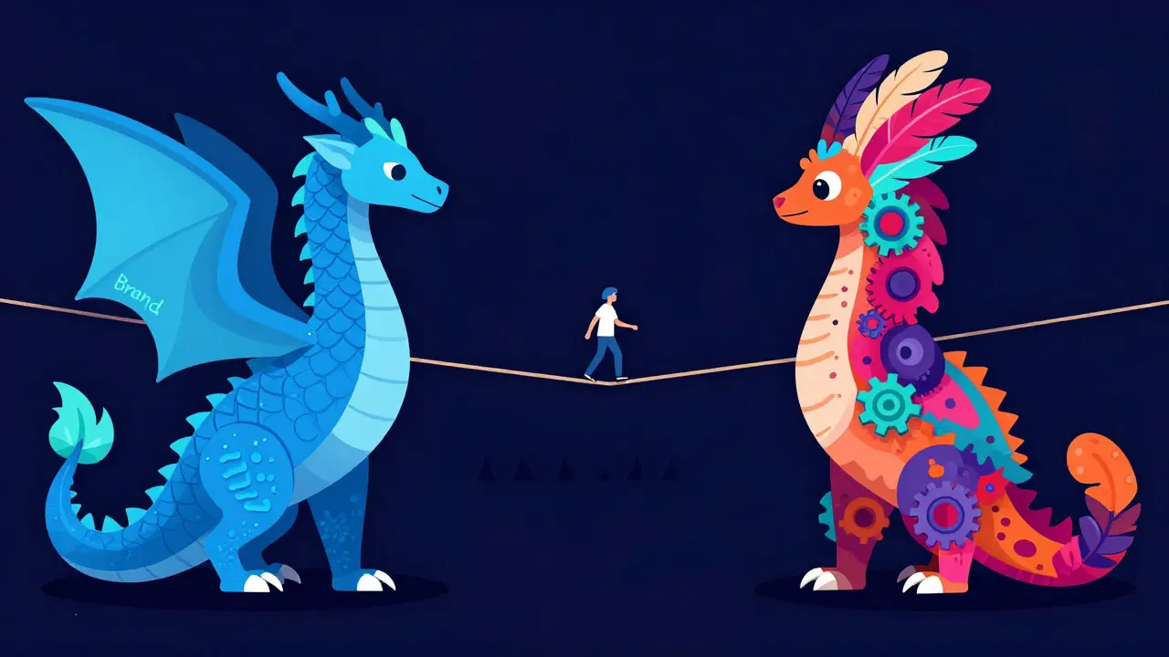 Two Alebrijes on a tightrope showing brand consistency vs generic variation