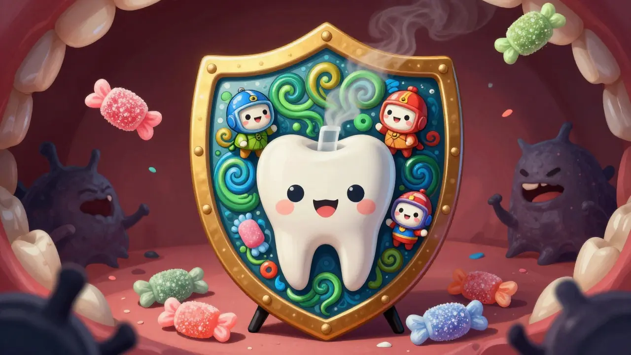 Vibrant Alebrije shield protecting smiling cartoon teeth from dark decay shapes in a whimsical style.