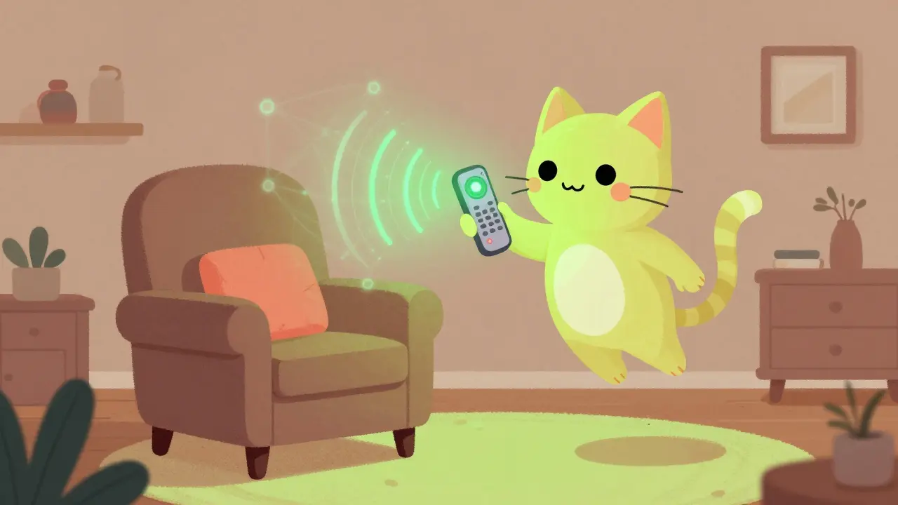 Whimsical Alebrije spirit monitoring health from a cozy home setting