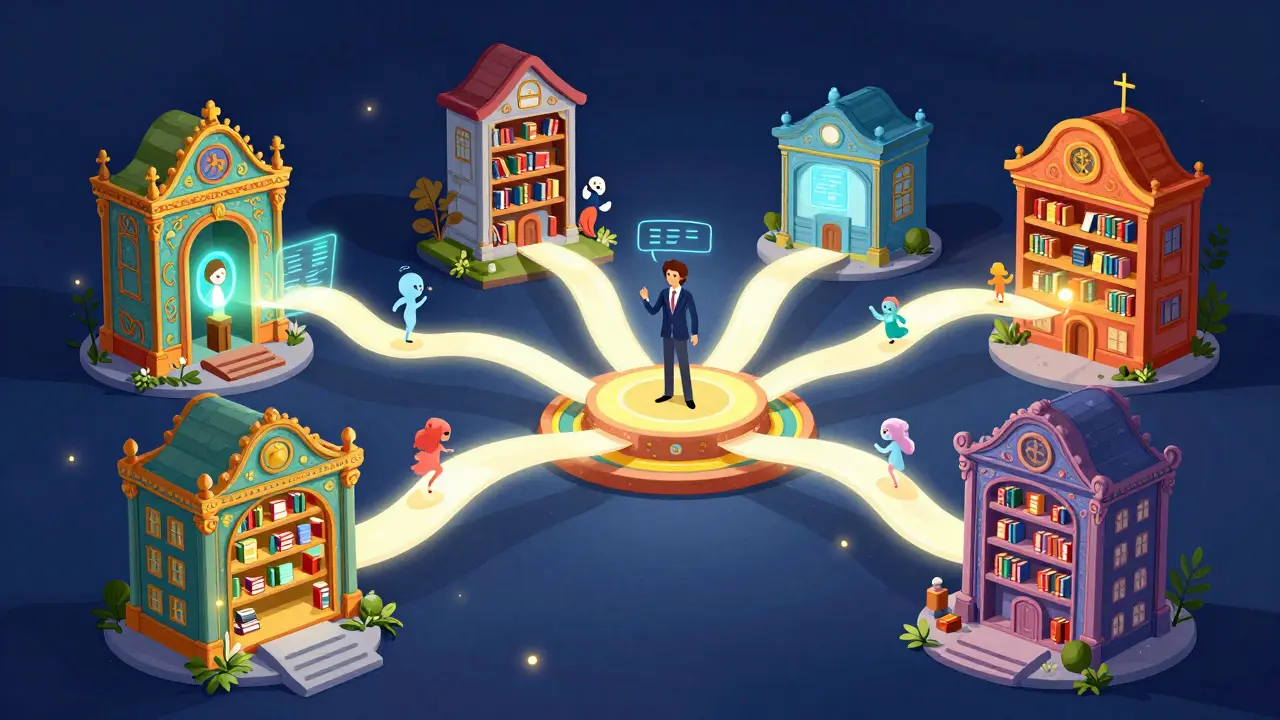 Whimsical Alebrije-style library buildings connected by light ribbons for secure data sharing