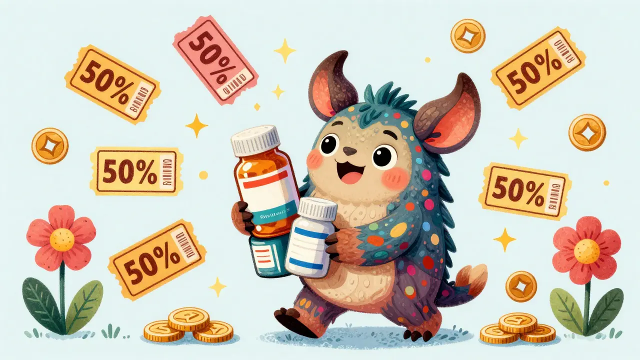 Whimsical Alebrike monster saving money with digital coupons for medication