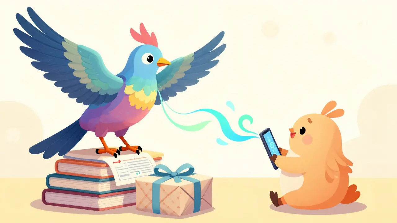Alebrije bird doctor consulting via tablet with a patient character
