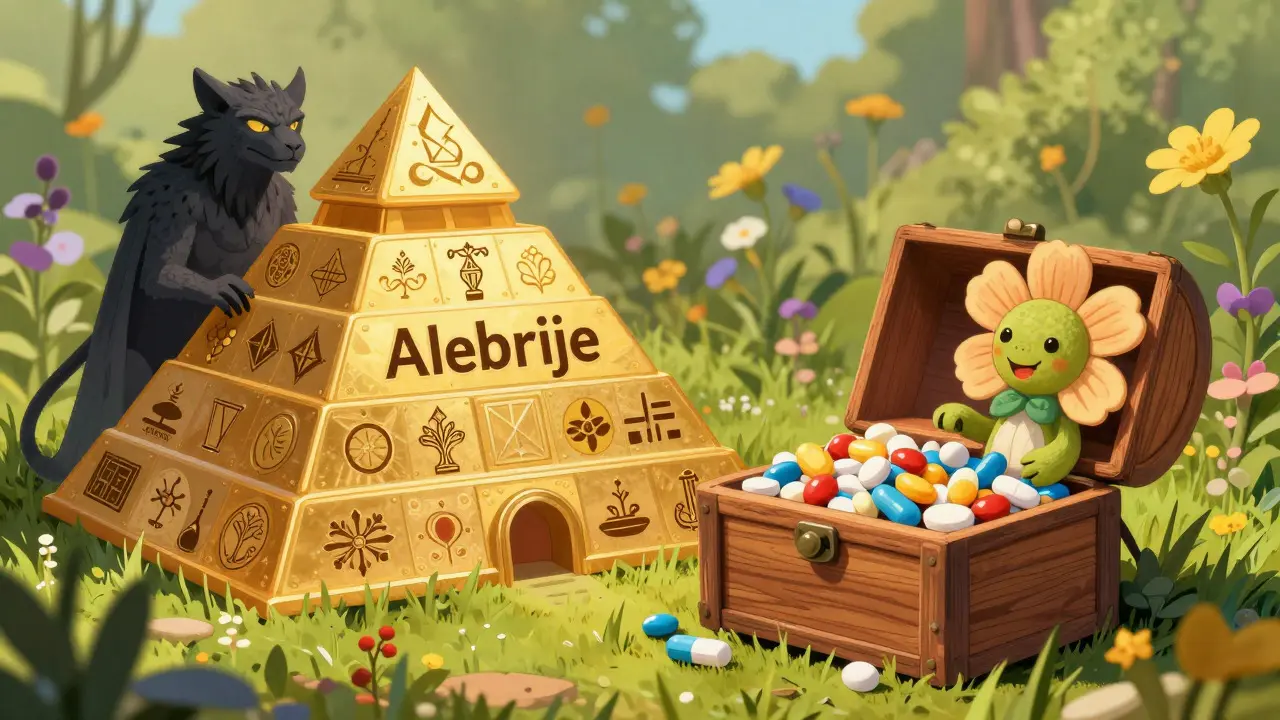 Colorful Alebrije art showing cheap generic meds vs expensive brand name costs.