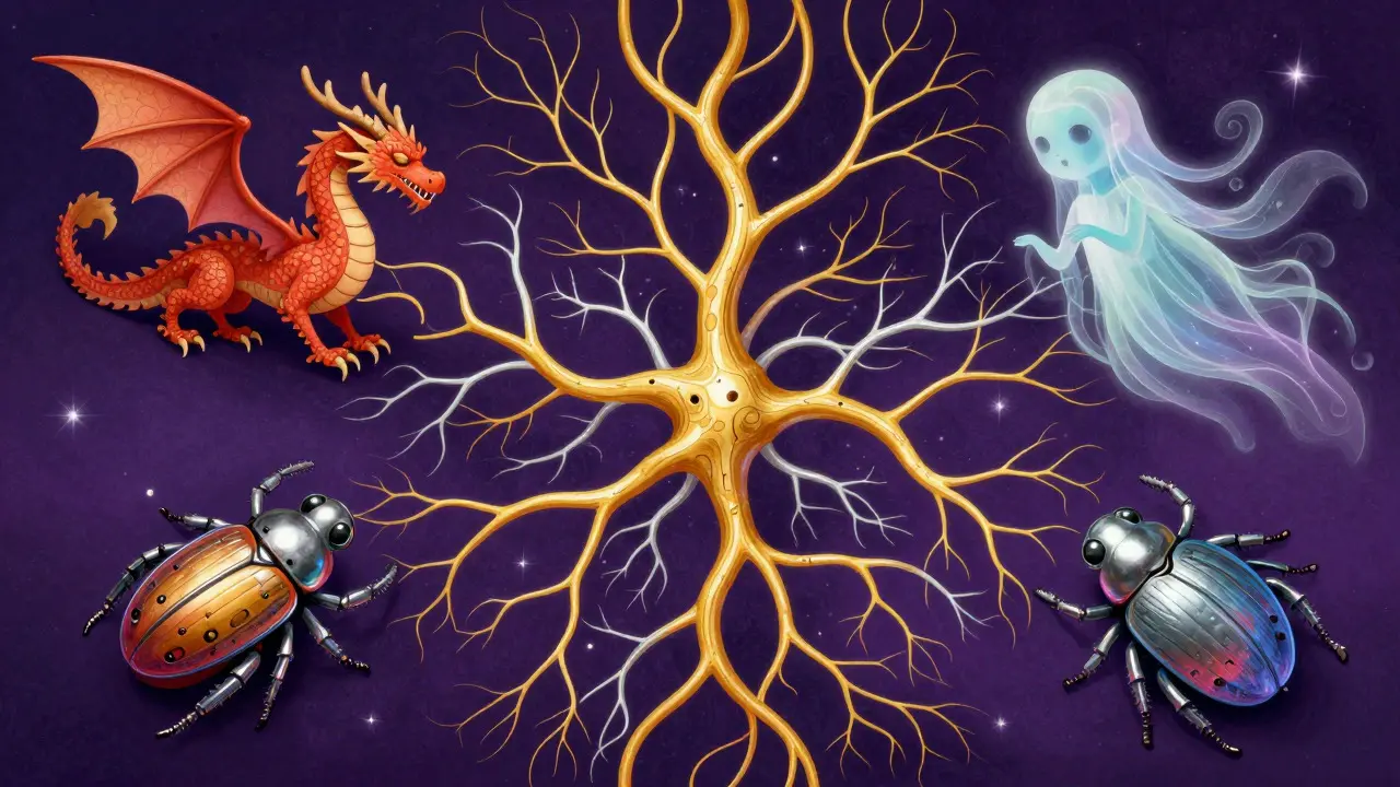 Colorful Alebrije illustration showing mythical creatures attacking a fragile network of nerves.