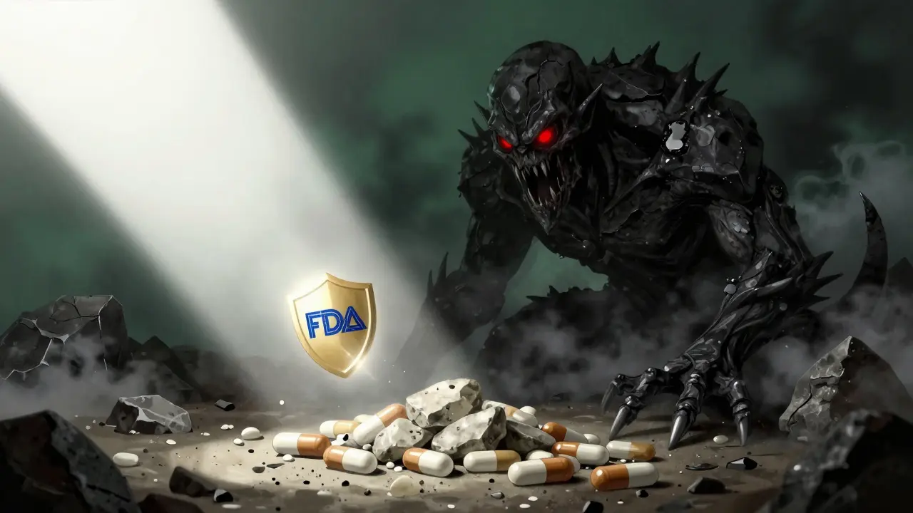 Dark alebrije monster guarding fake pills vs a protective safety shield