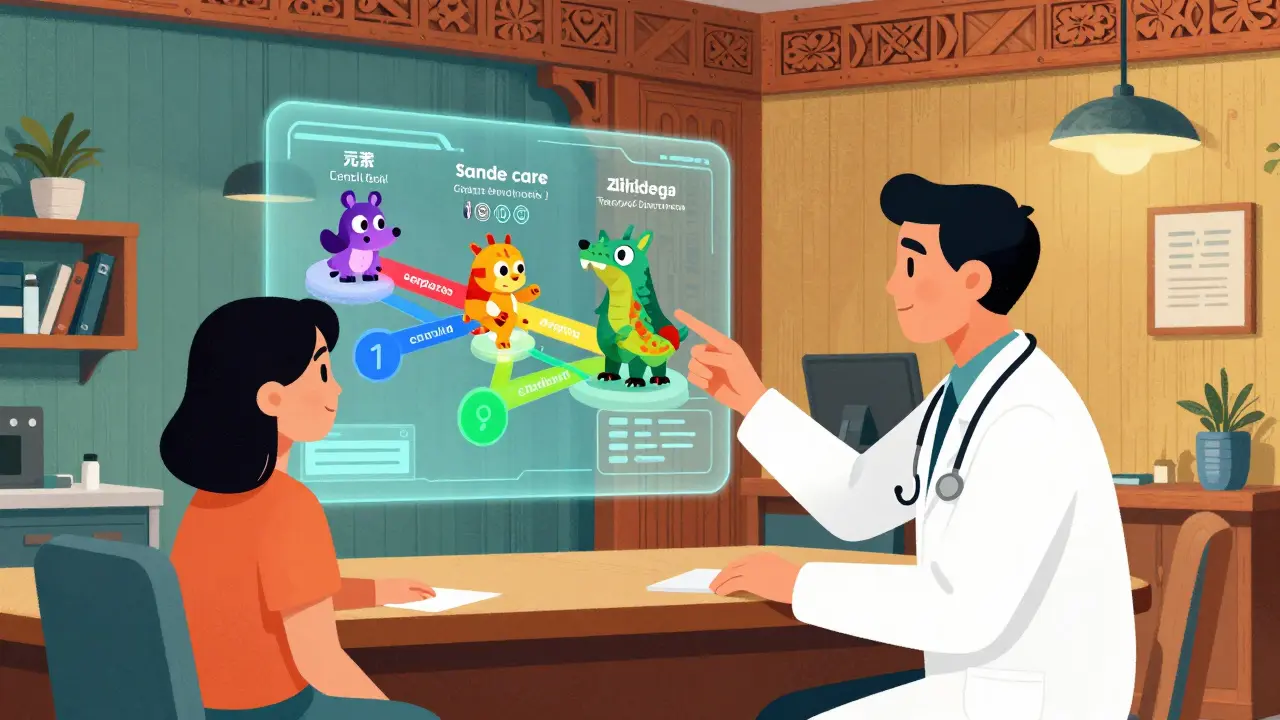 Doctor and patient choosing affordable medication via colorful hologram
