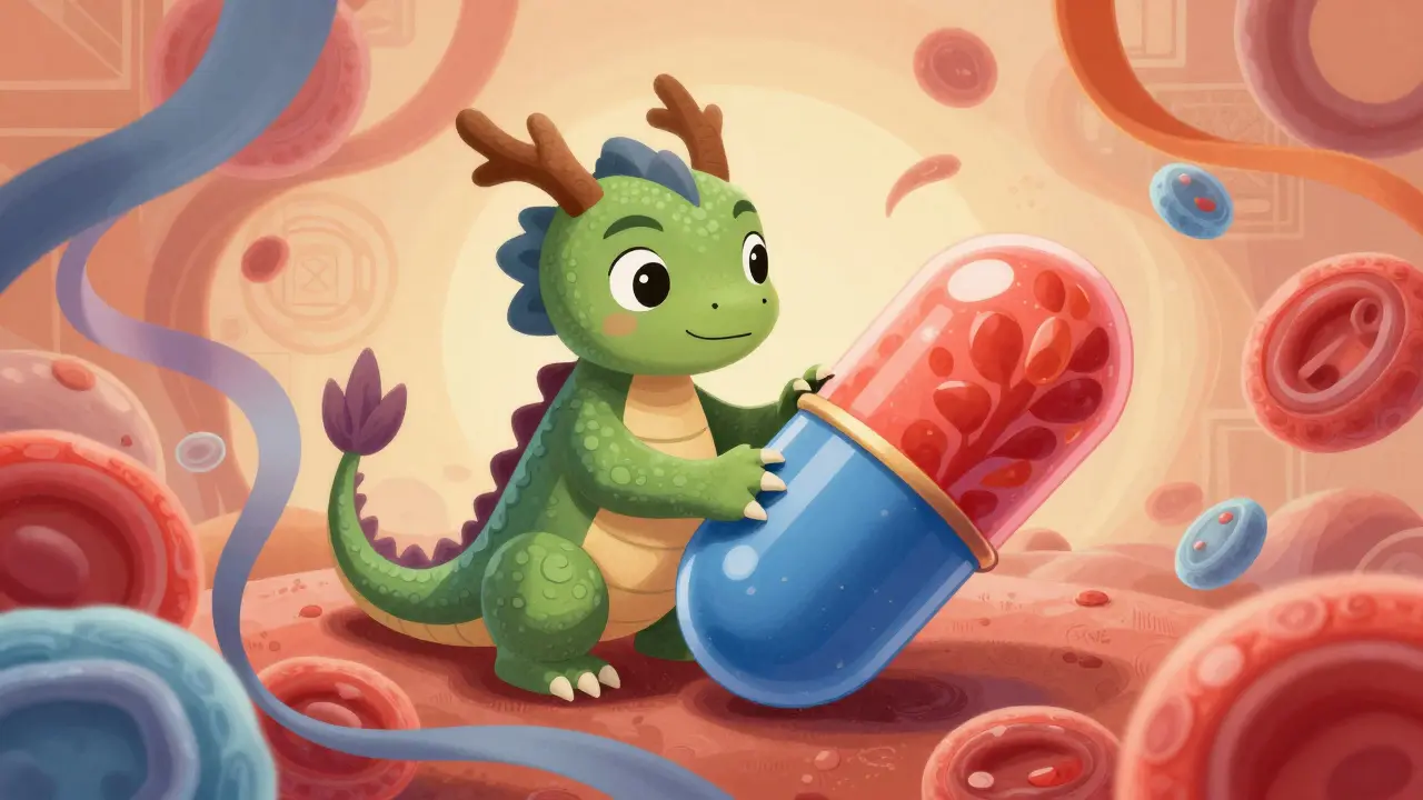 Dragon-like immune system calming down near a medicinal flower in Alebrije art