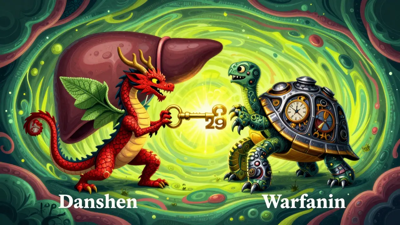 Fantastical creatures battling over a liver enzyme key in vibrant alebrije style.