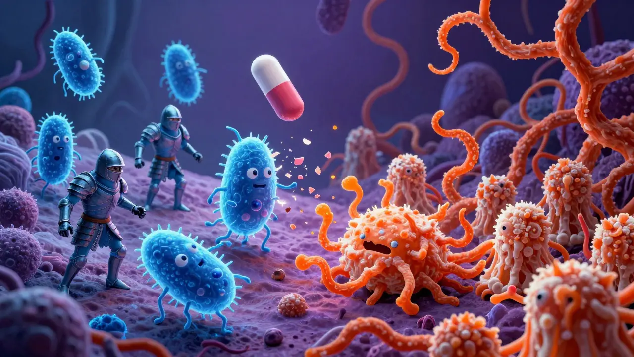 Fantasy Alebrije art showing yeast overgrowth overpowering good bacteria