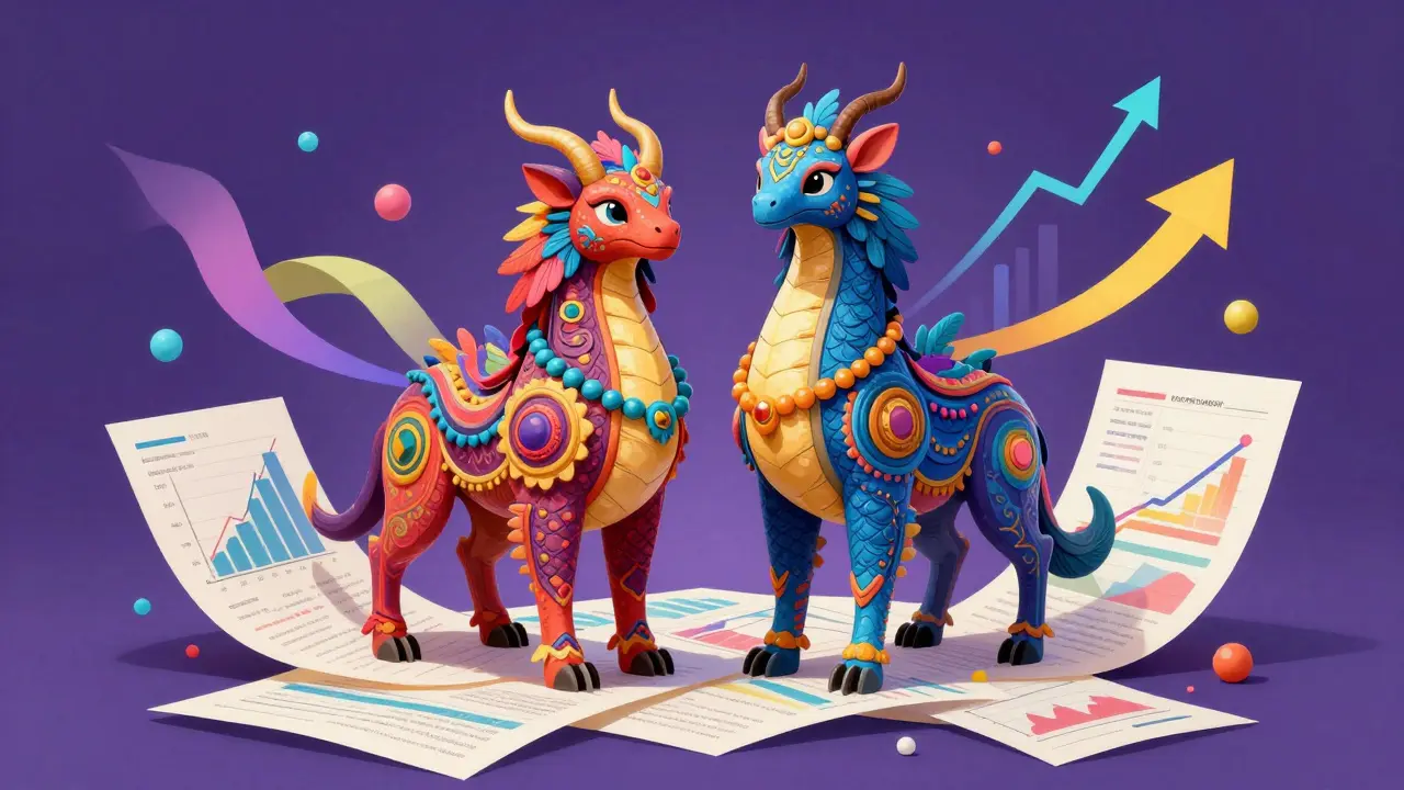 Mythical Alebrije beasts standing on medical charts with rising success ribbons