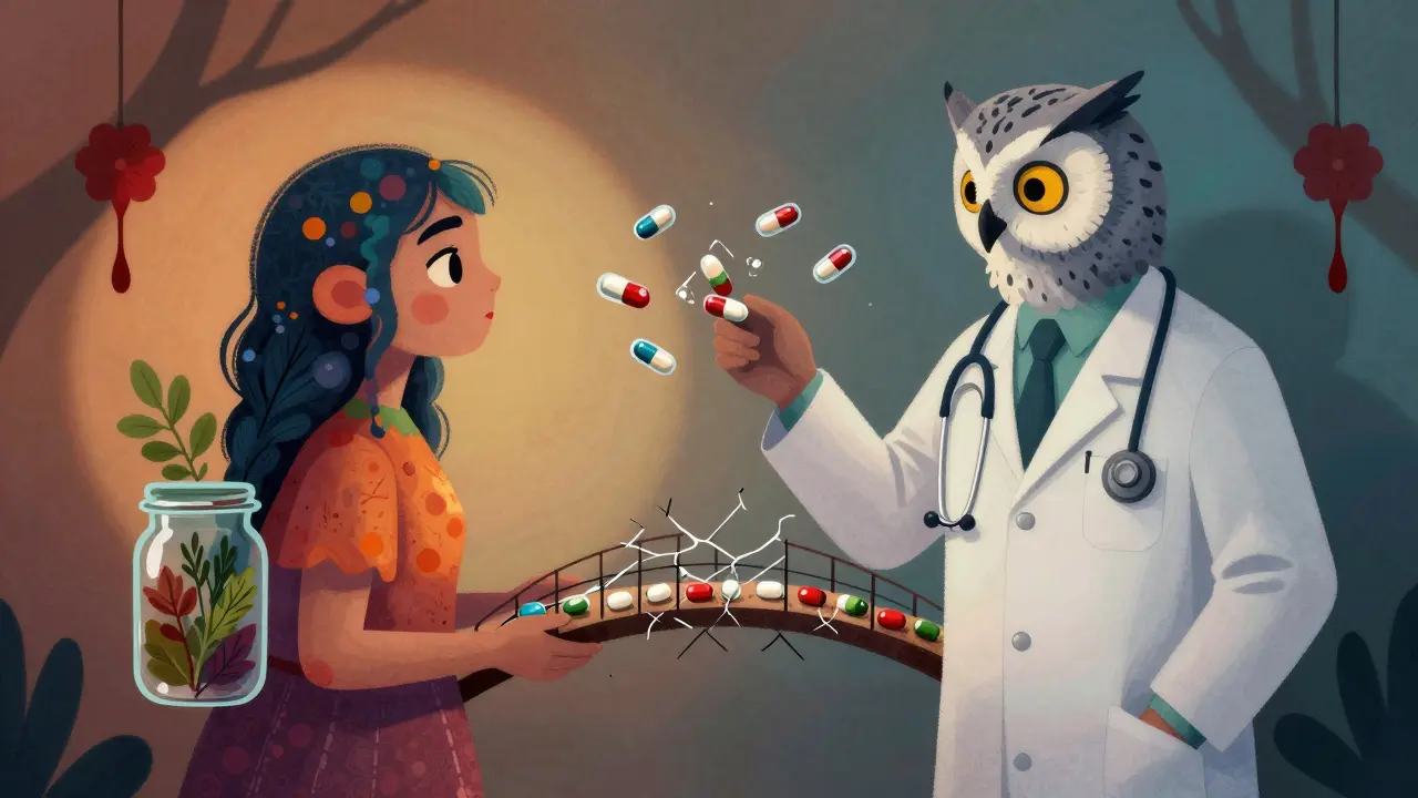 Patient and doctor alebrijes separated by a cracking bridge of pills, hiding herbs.