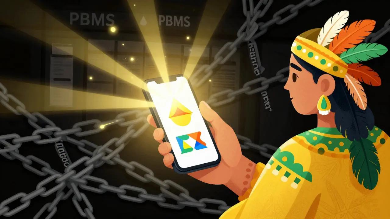 Stylized figure using a glowing app to cut through insurance complexity