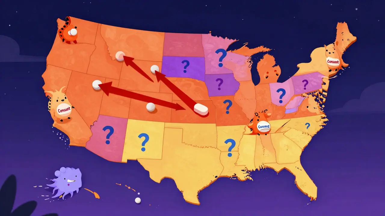 Stylized US map showing different generic substitution laws by region