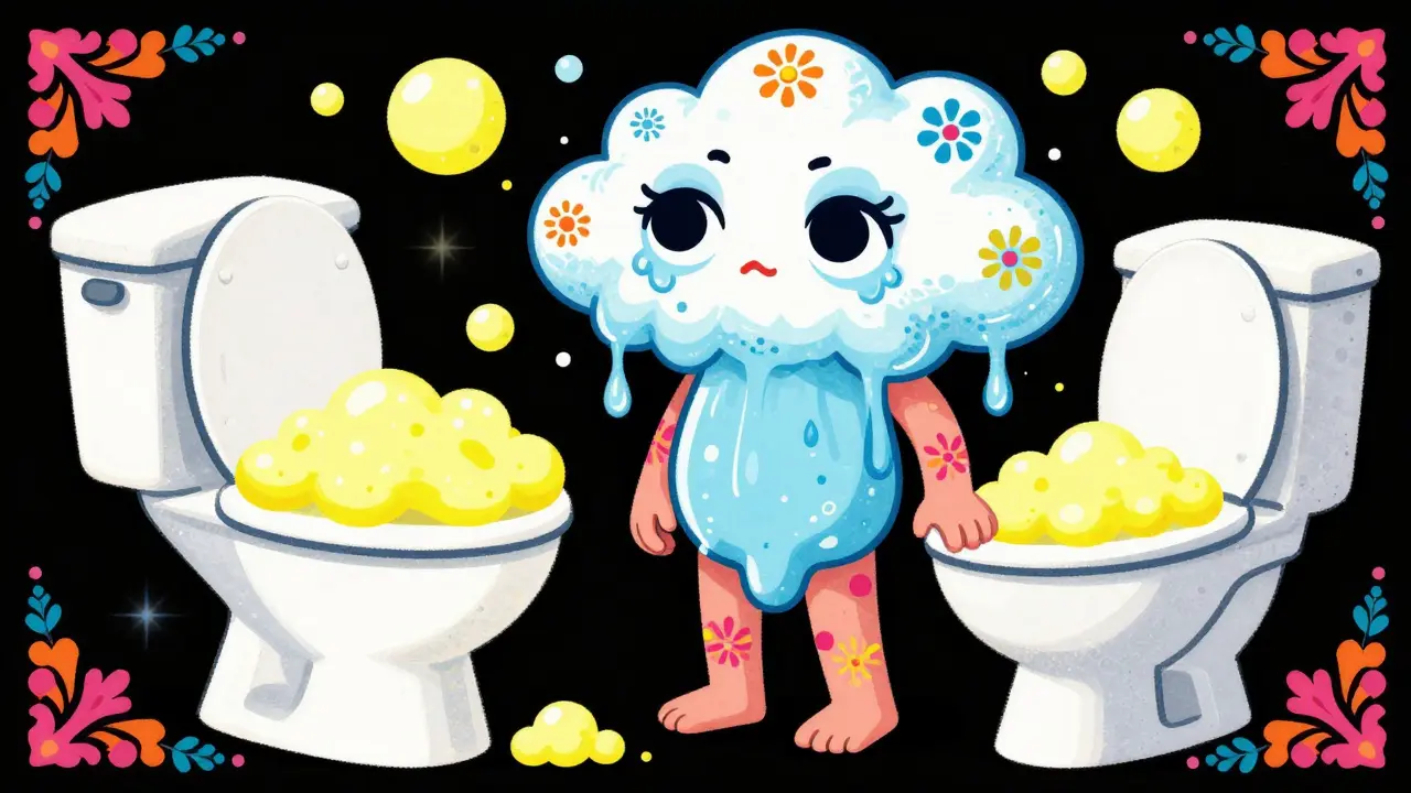 Swelling water spirit and foamy urine depicted in colorful Mexican Alebrije illustration