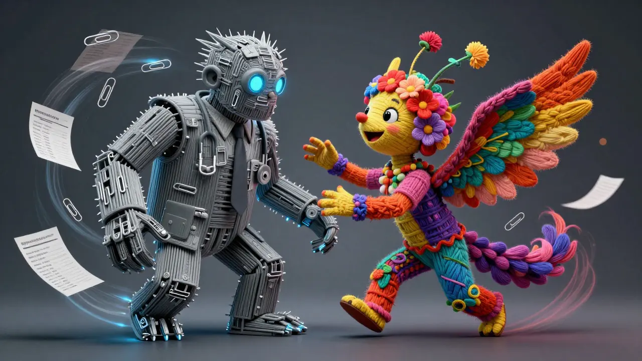 Vibrant Alebrije spirit transforming a grey, bureaucratic figure into warmth.