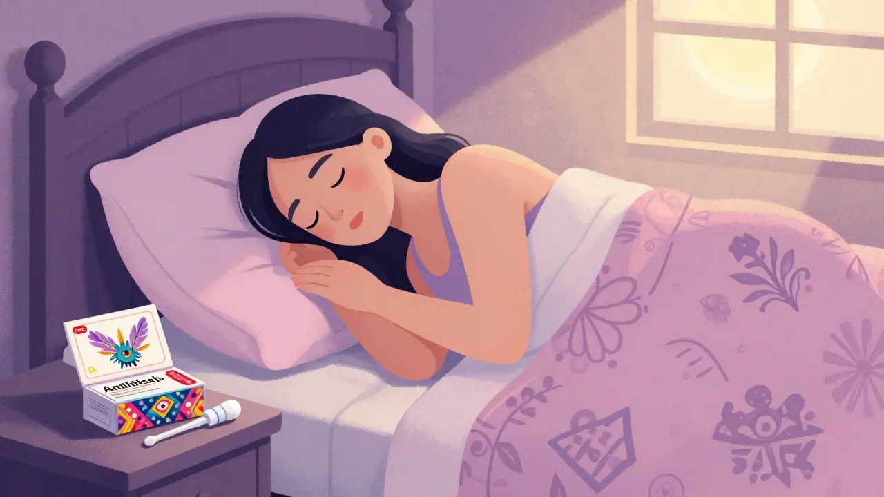 Woman sleeping peacefully with colorful Alebrije-styled medicine on nightstand